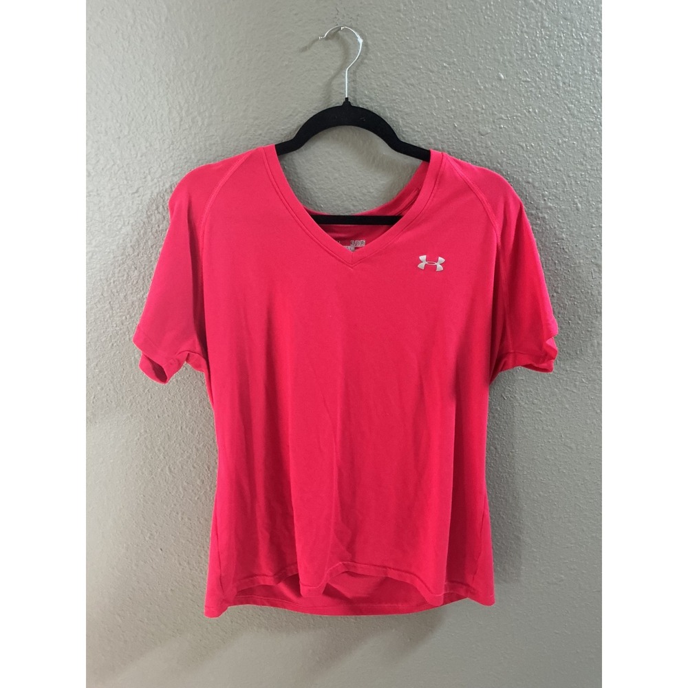 Under Armour HeatGear V-Neck Semi-Fitted Pink Short Sleeve Shirt Womens XL